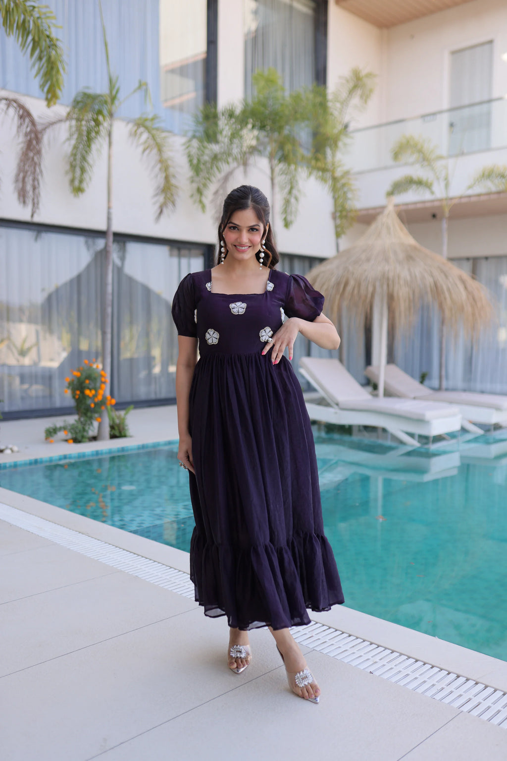 Sruvika purple Fendi silk gown with beads embroidered work