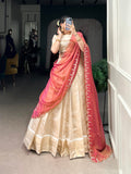 Golden jacquard chex lehenga choli with zari weaving and embroidered dupatta