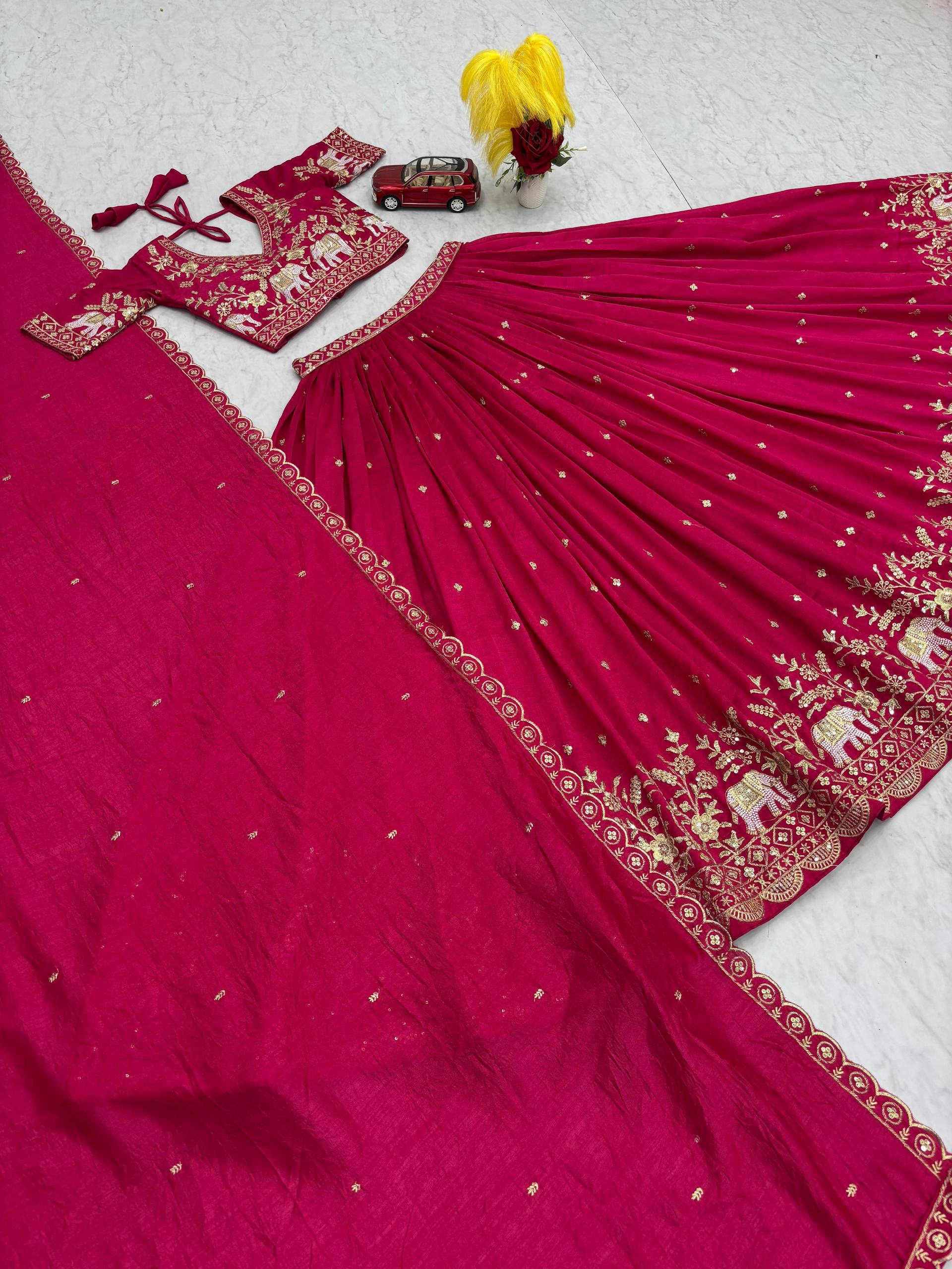 Gopi pink Vichitra silk lehenga choli with embroidery sequins thread work