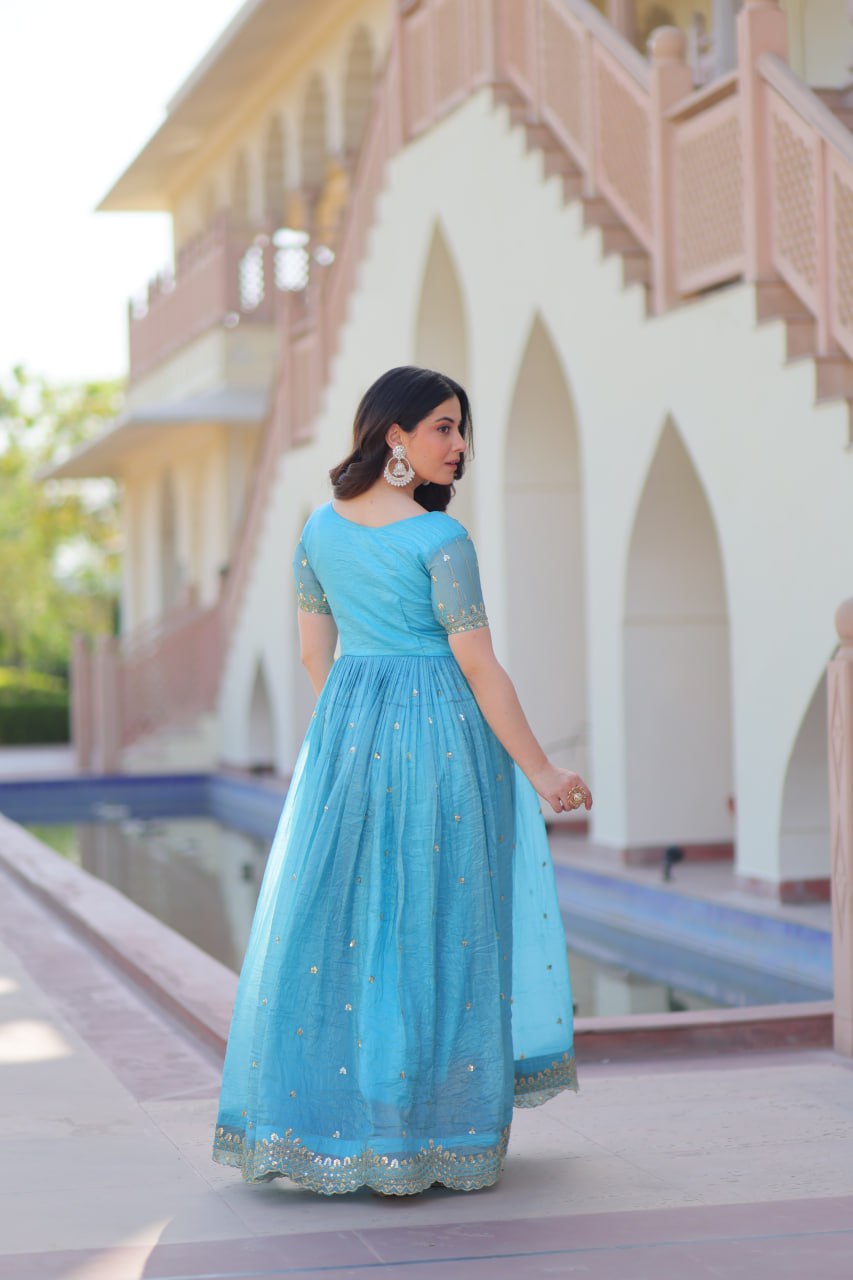 Sky blue gold crush zari sequins work embroidered gown