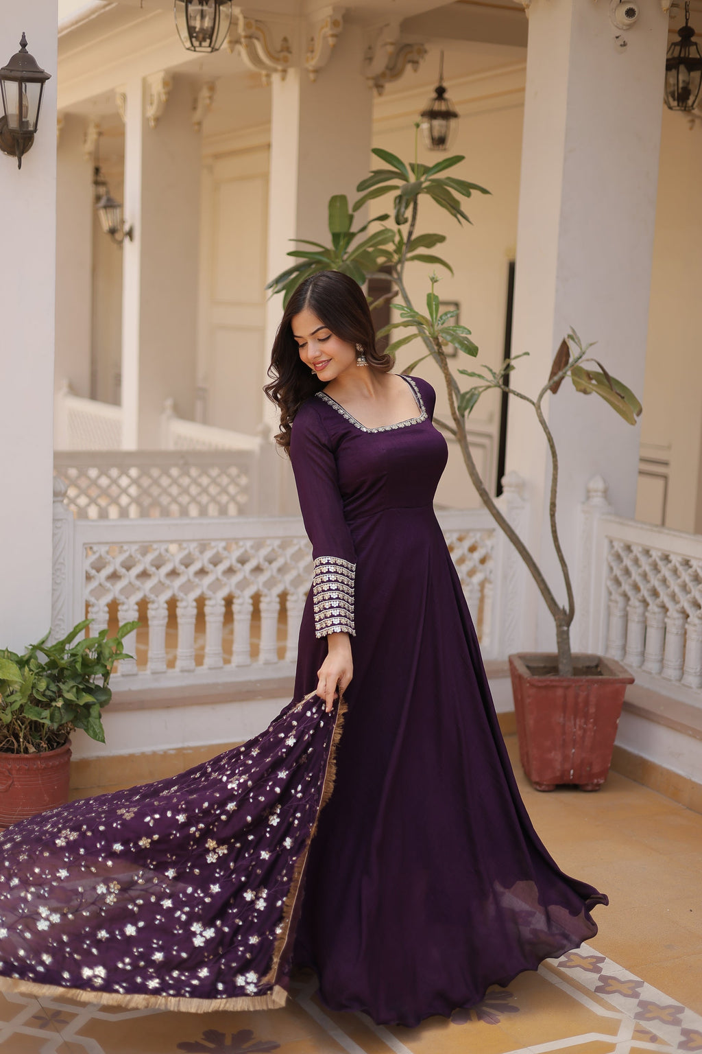 Purple Vichitra silk Aparajita designer Anarkali gown