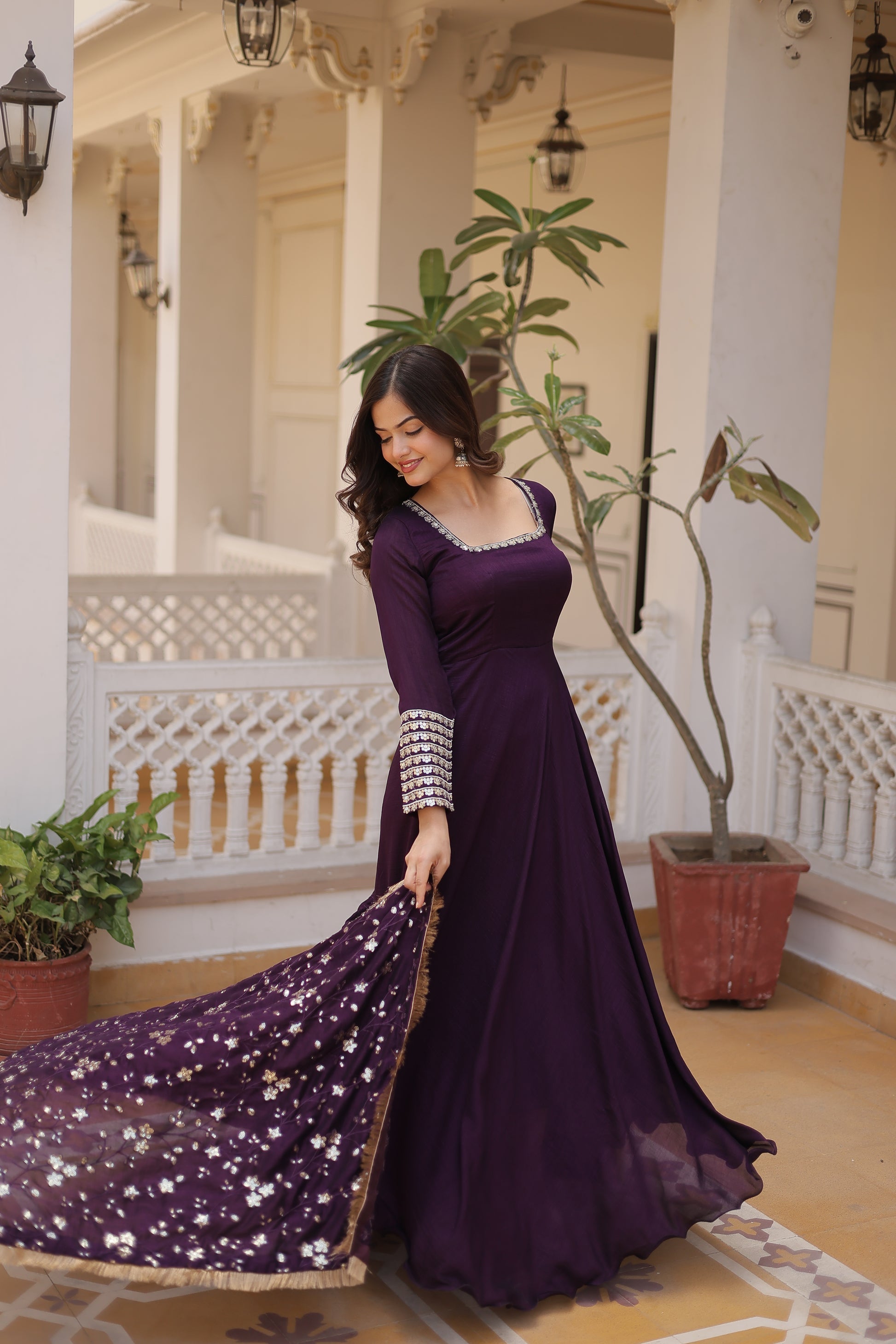 Purple Vichitra silk Aparajita designer Anarkali gown