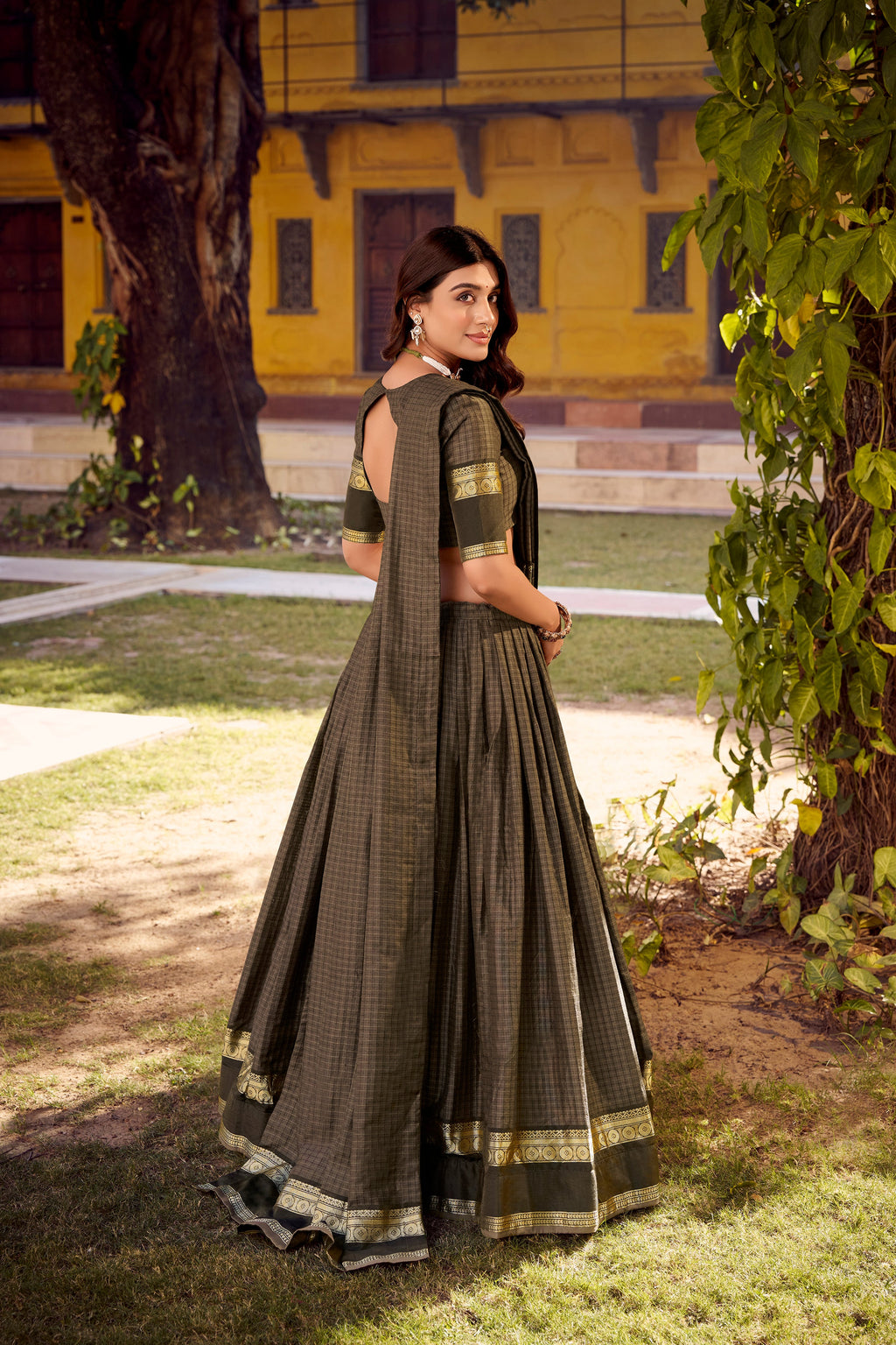Rimi grey Chettinad cotton chex half saree lehenga with zari weaving work