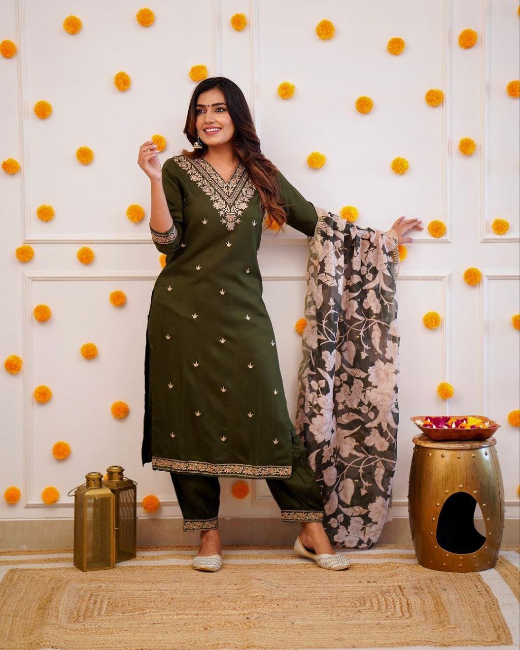 Janaki green chanderi embroidery kurti set with dupatta