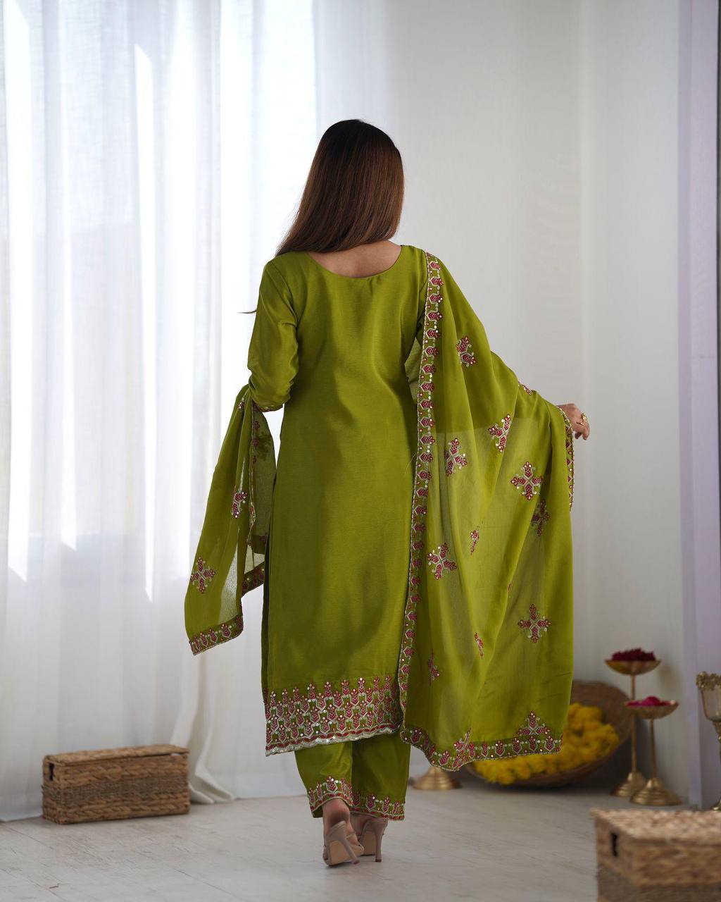 Anvitha Green Chinon Silk Kurti Set with 5mm sequin embroidery, lacework & dupatta – fully stitched festive wear for women.
