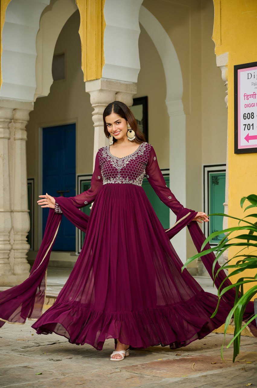 Wine faux blooming beads embroidered gown with dupatta