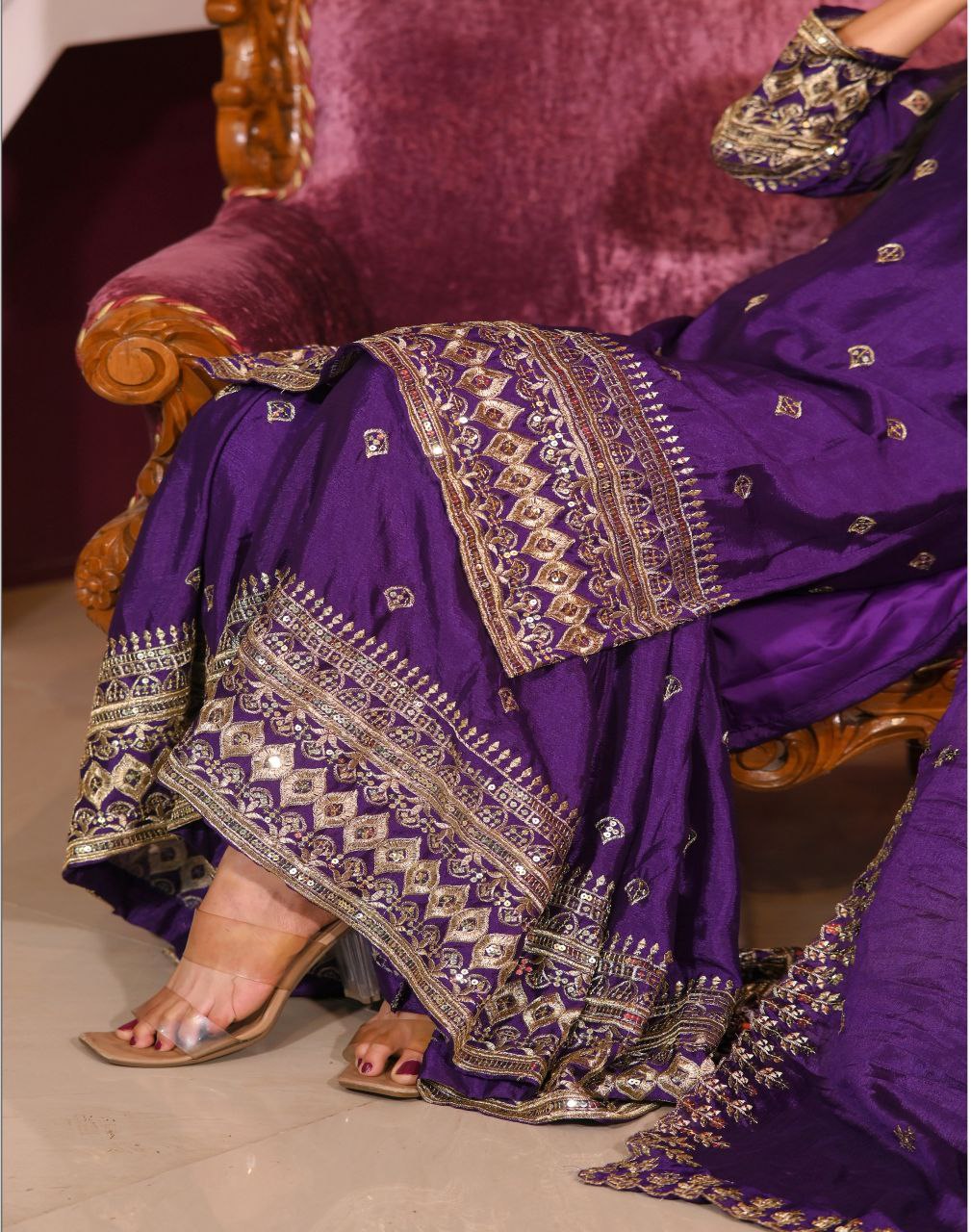 Purple chinon embroidered Svara designer sharara suit