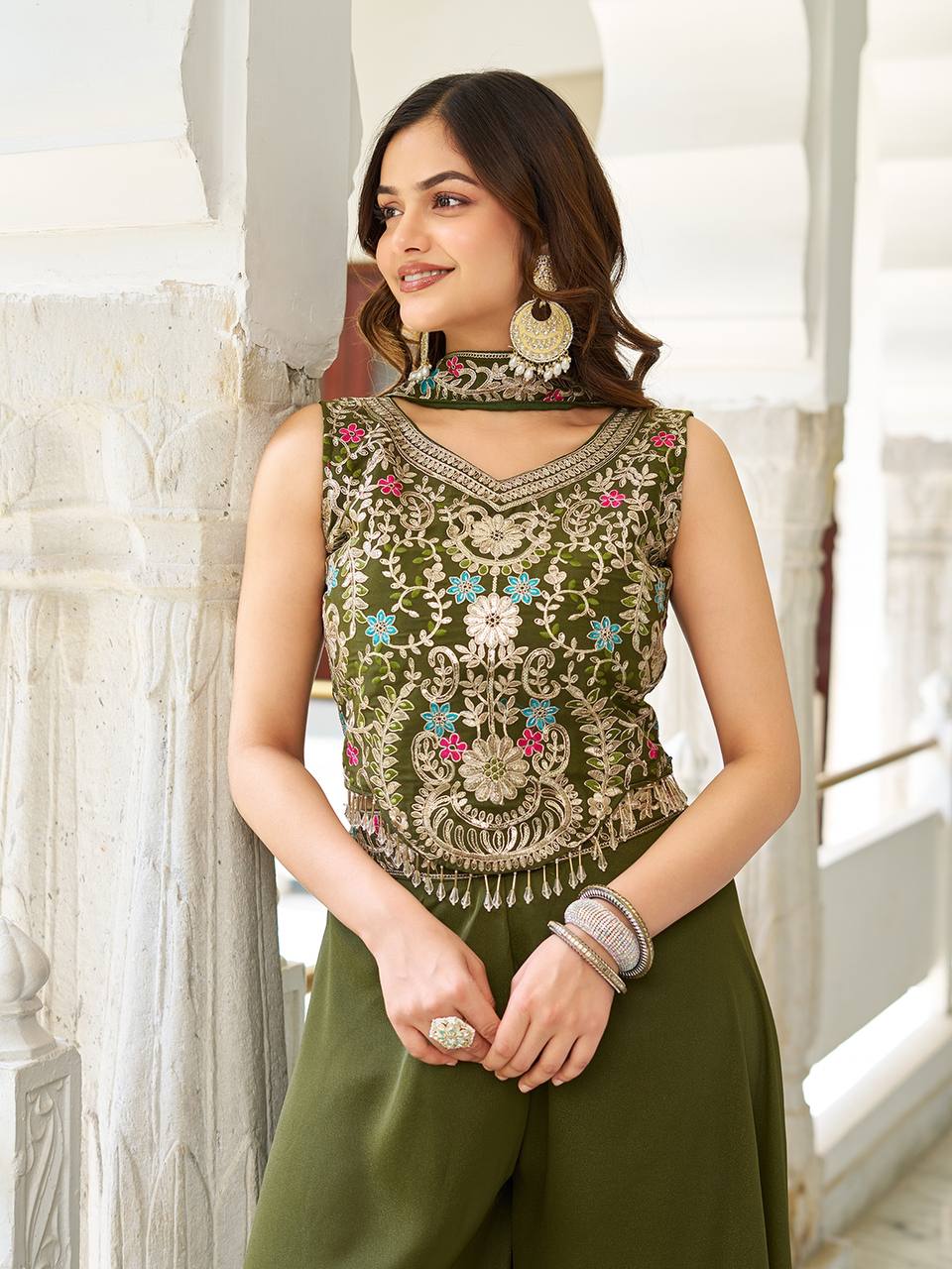 Stuti olive green star georgette top palazzo set with sequins thread embroidery