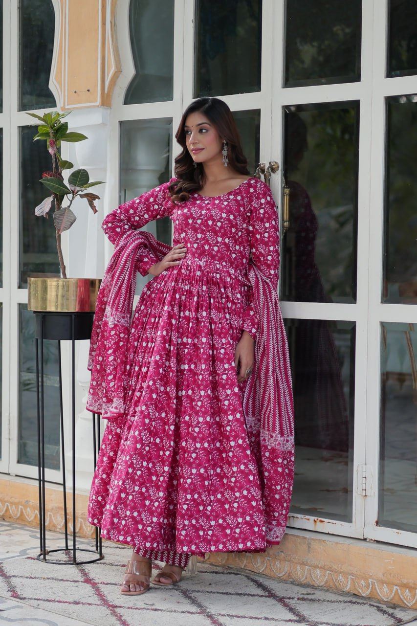 Pink cotton Mahi designer Anarkali suit with dupatta