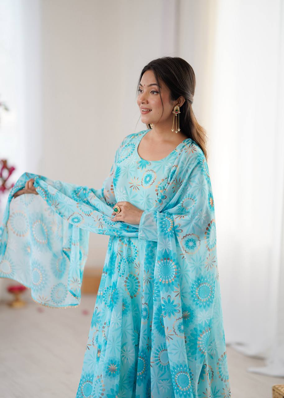 Sky blue georgette floral printed Anarkali suit for women