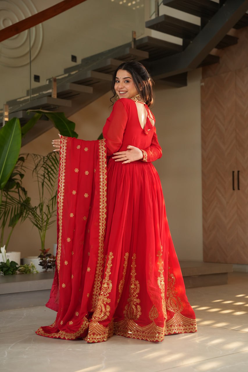 Red party wear gown with dupatta, Indian wedding dress, embroidered gown for women, full sleeve gown design—Trinaari stitched ethnic outfit.