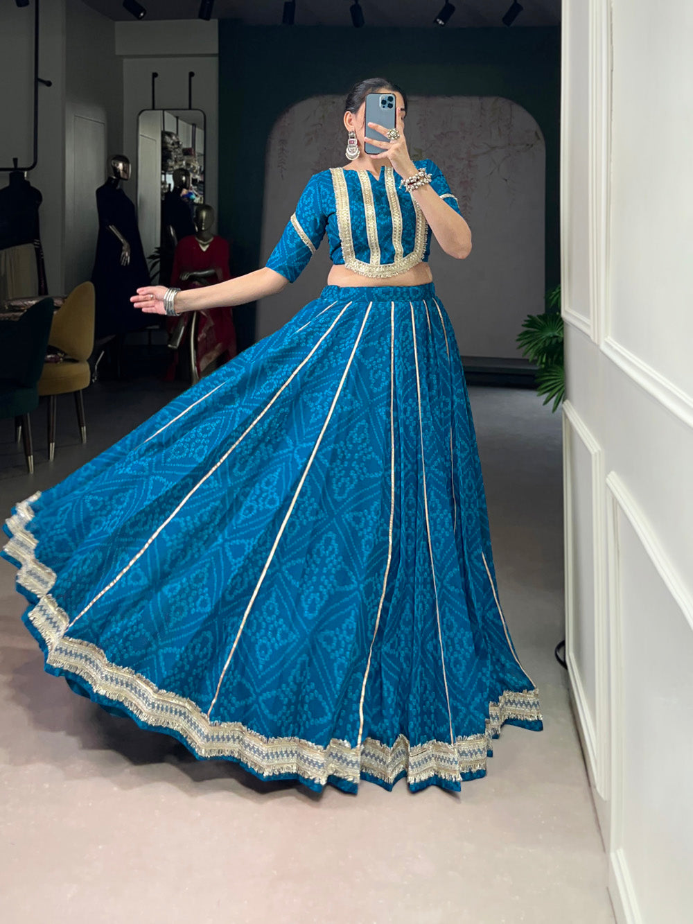 Blue chiffon lehenga choli with Bandhej print and Gota Patti lace
