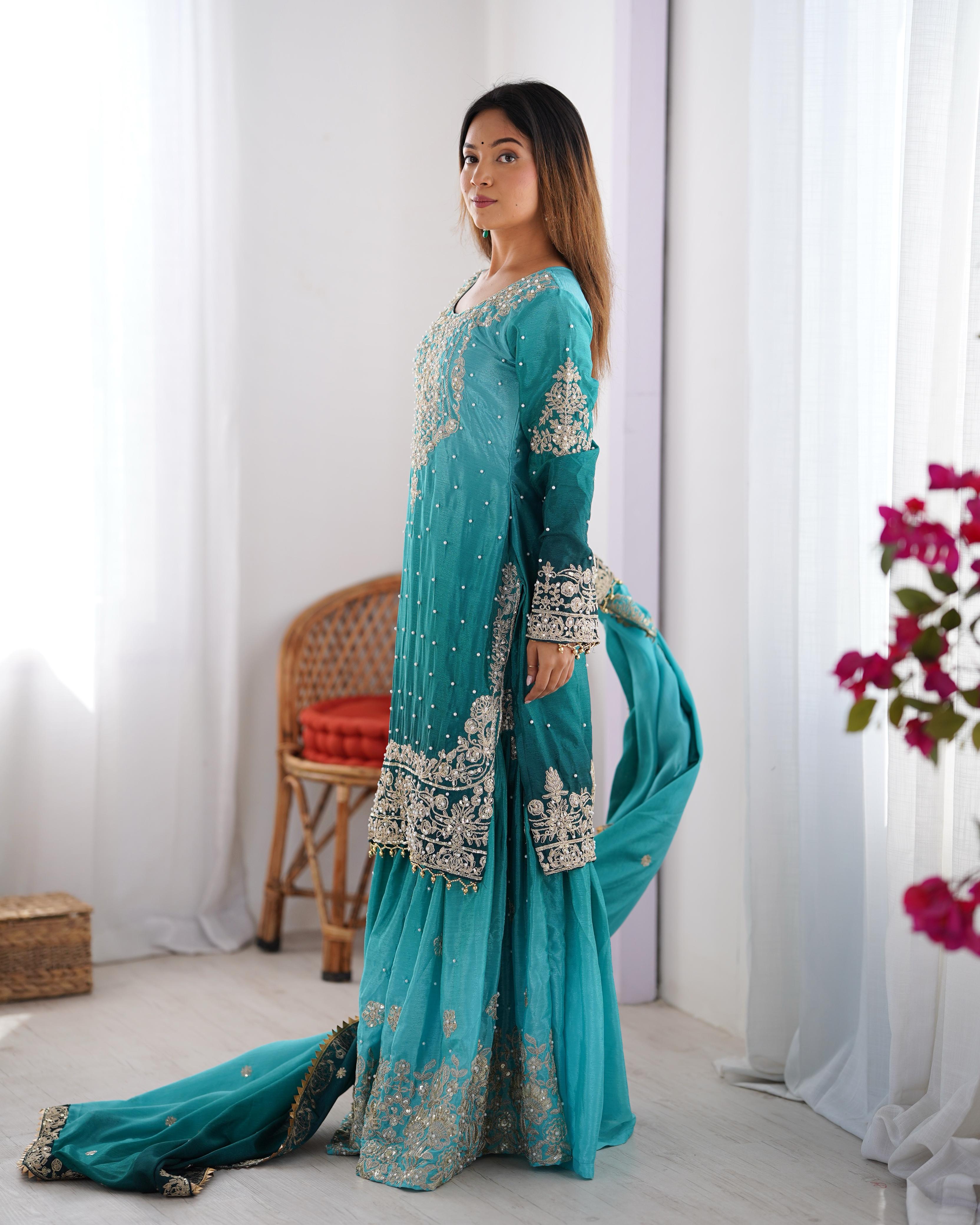 Manvisha Teal Embroidered Sharara Suit Set