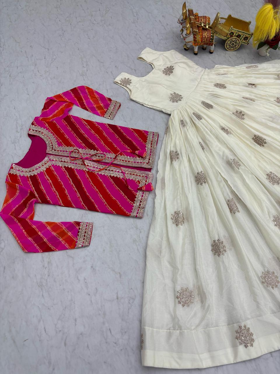 Eesha chinon sequence leheriya jacket and long gown set