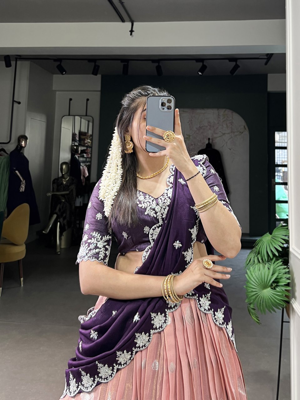 Peach zari Kota lehenga with zari weaving embroidered Vichitra silk dupatta