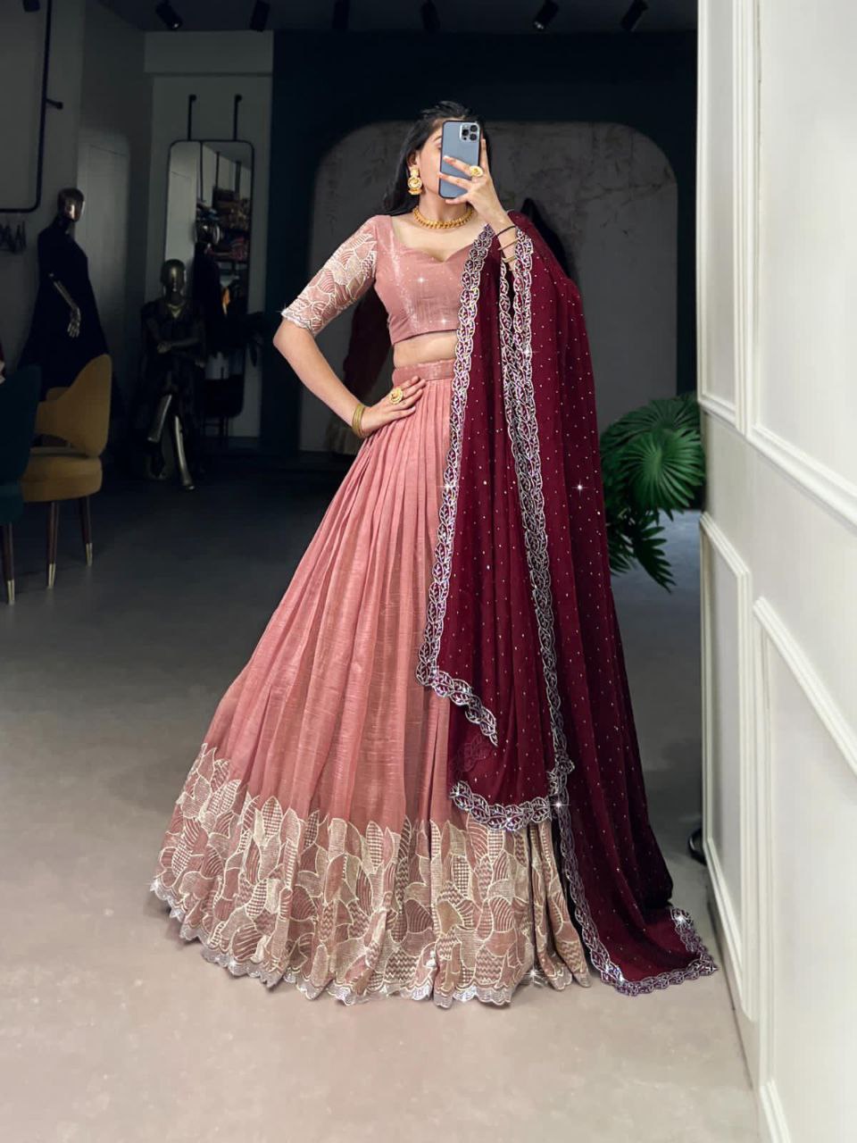 Peach silver hotfix embroidered lehenga choli for wedding functions