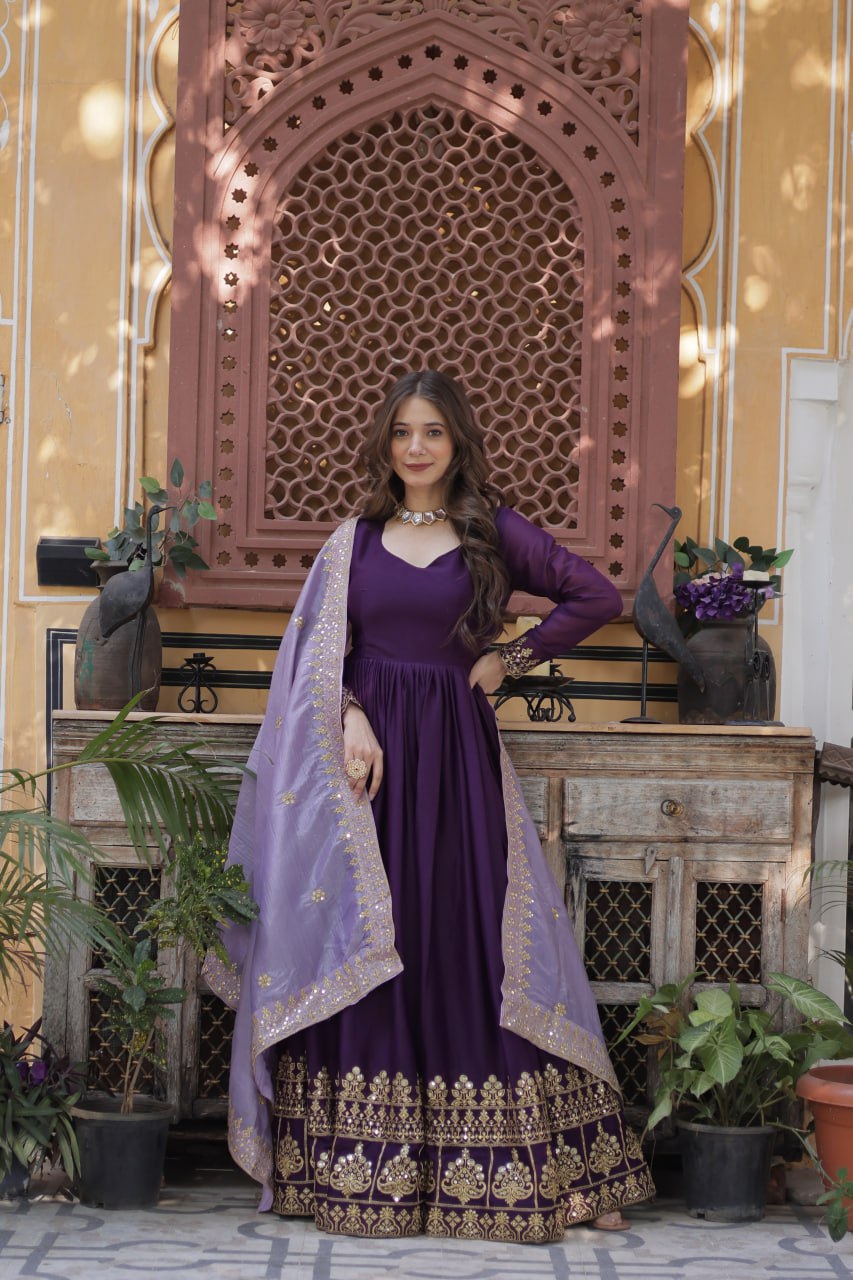 Purple star georgette embroidered zari sequins work gown with dupatta