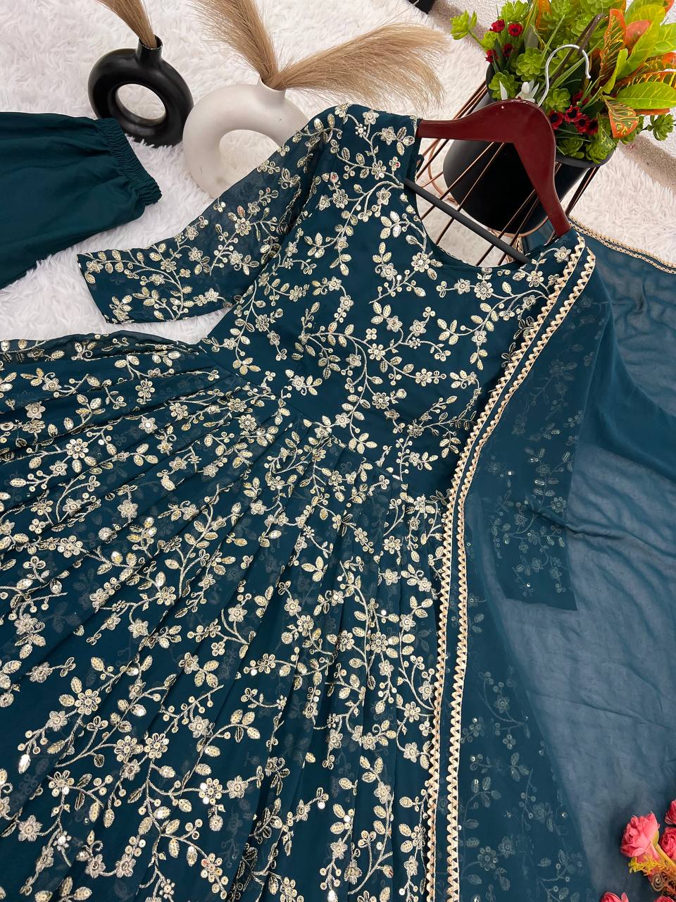 Janvika blue embroidered georgette Anarkali suit set