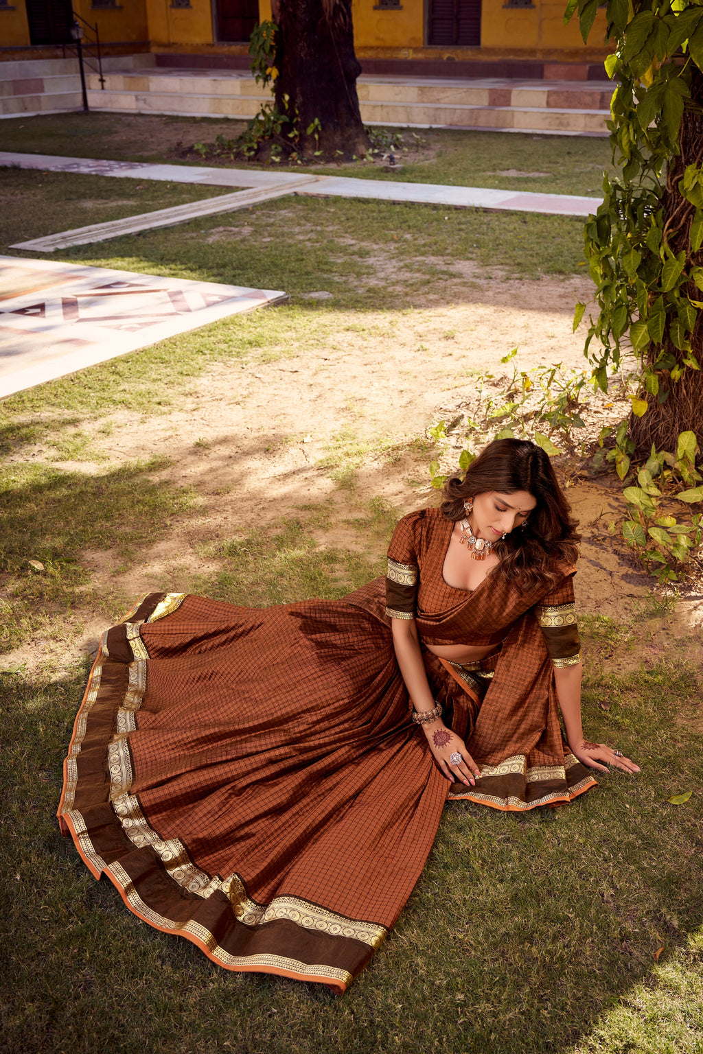 Rimi rust orange Chettinad cotton chex half saree lehenga with zari weaving work