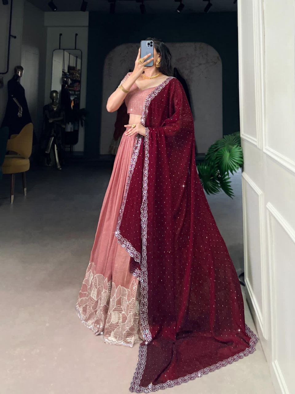 Peach silver hotfix embroidered lehenga choli for wedding functions