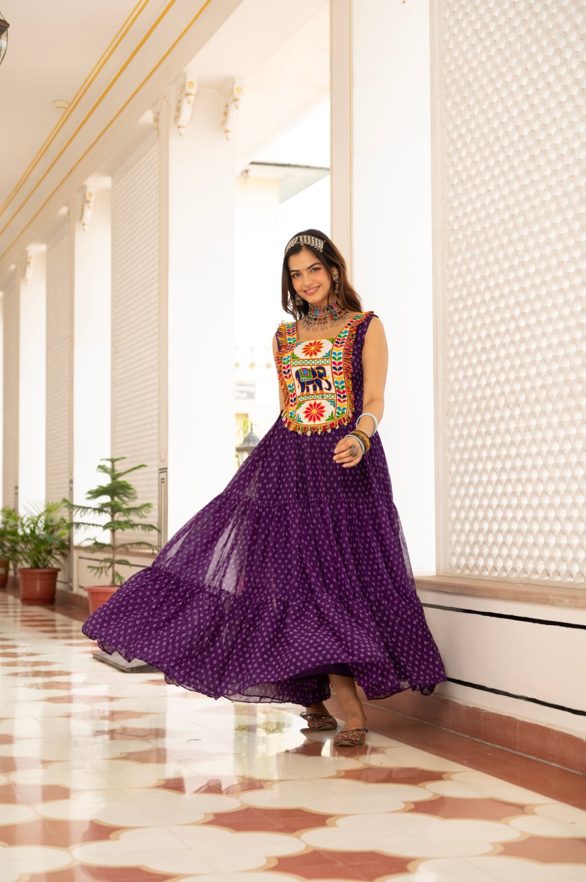 Purple faux georgette Bandhani print Kutchi patch mirror work gown
