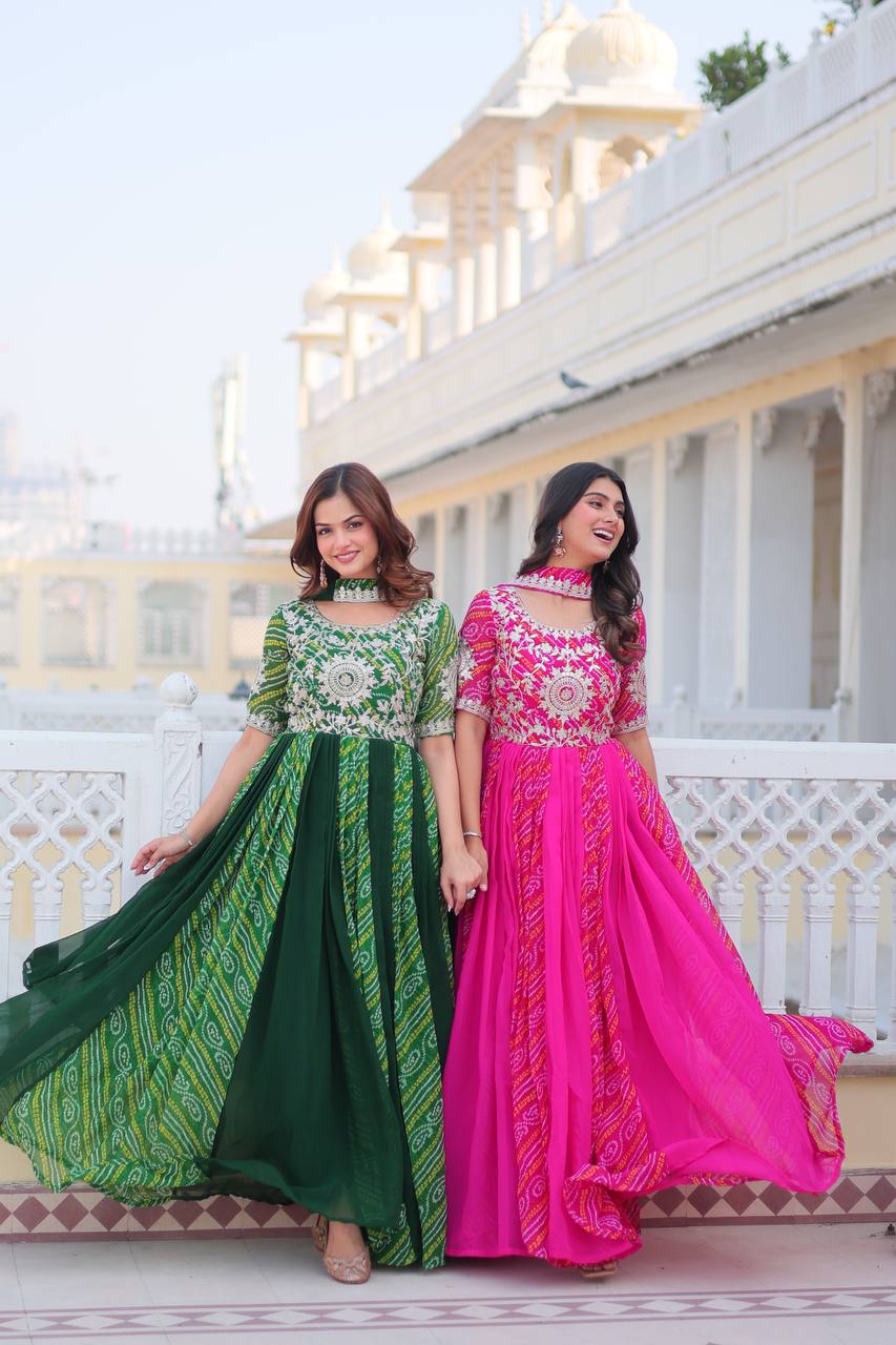 Saanvi pure bandhej georgette embroidered gown set