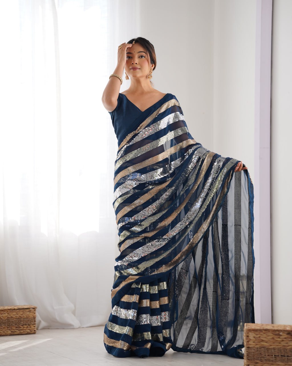 Navy blue georgette sequin embroidered Kira designer saree