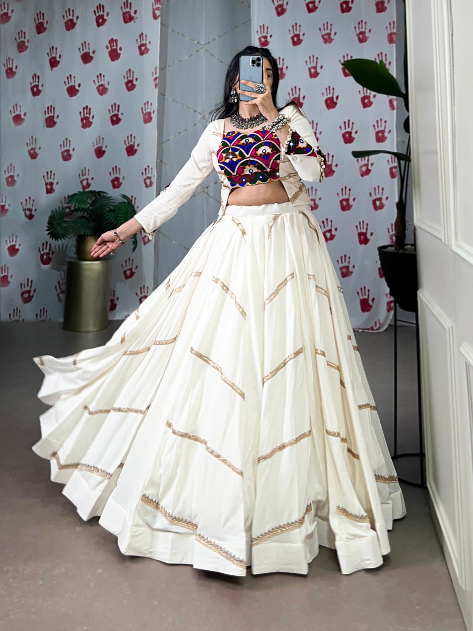 Off white pure rayon lehenga choli with mirror gamthi and sequins work