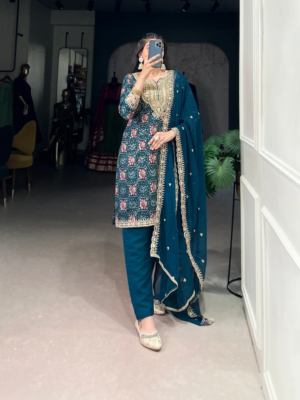 Teal blue rayon kurti set with embroidered organza dupatta