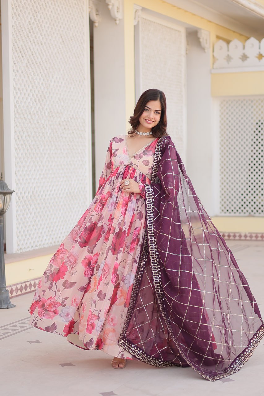 Savitri russian silk printed alia cut pink anarkali suit set