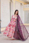 Savitri russian silk printed alia cut pink anarkali suit set