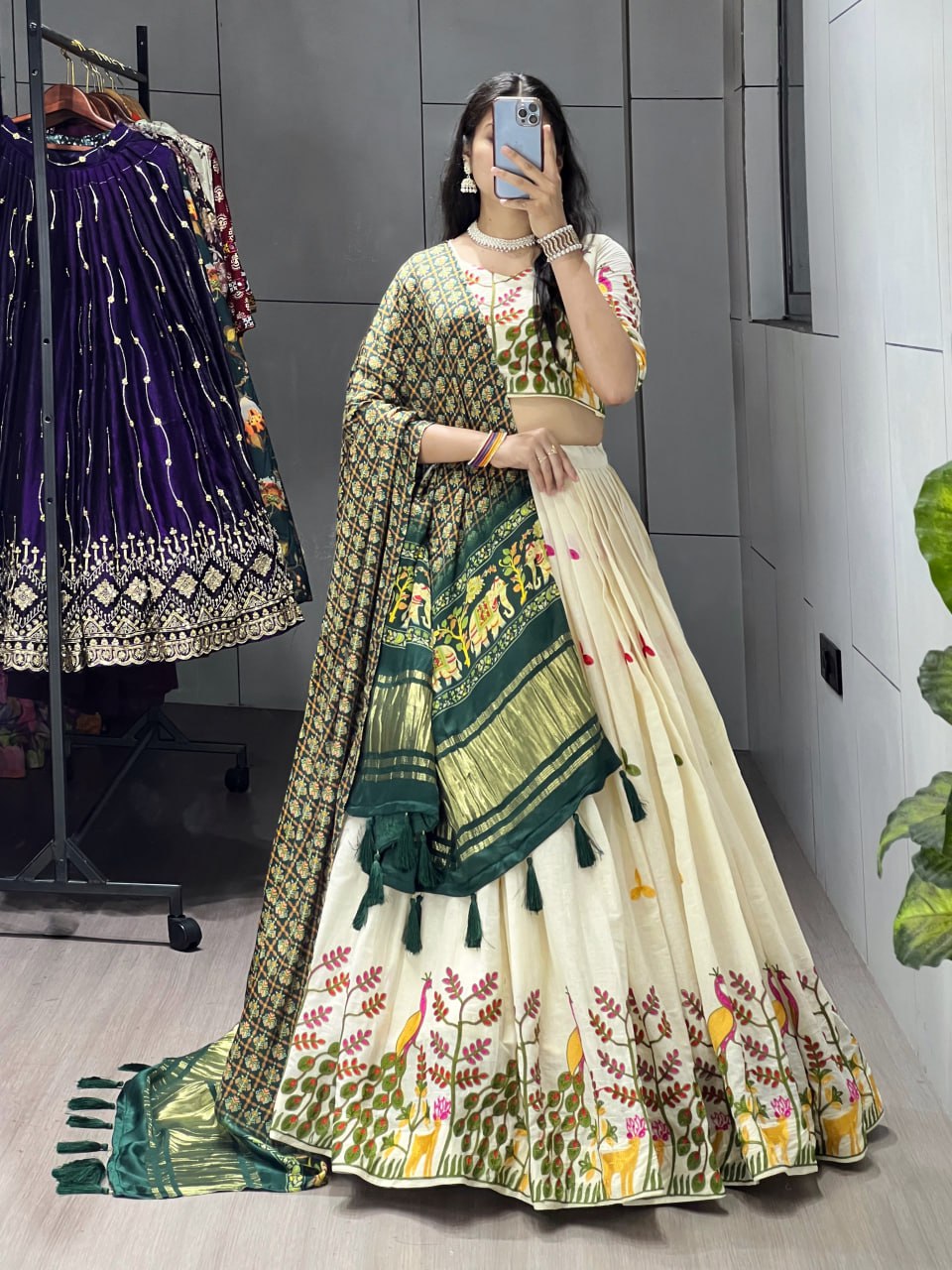 Off-white cotton embroidered lehenga with green Gaji silk dupatta
