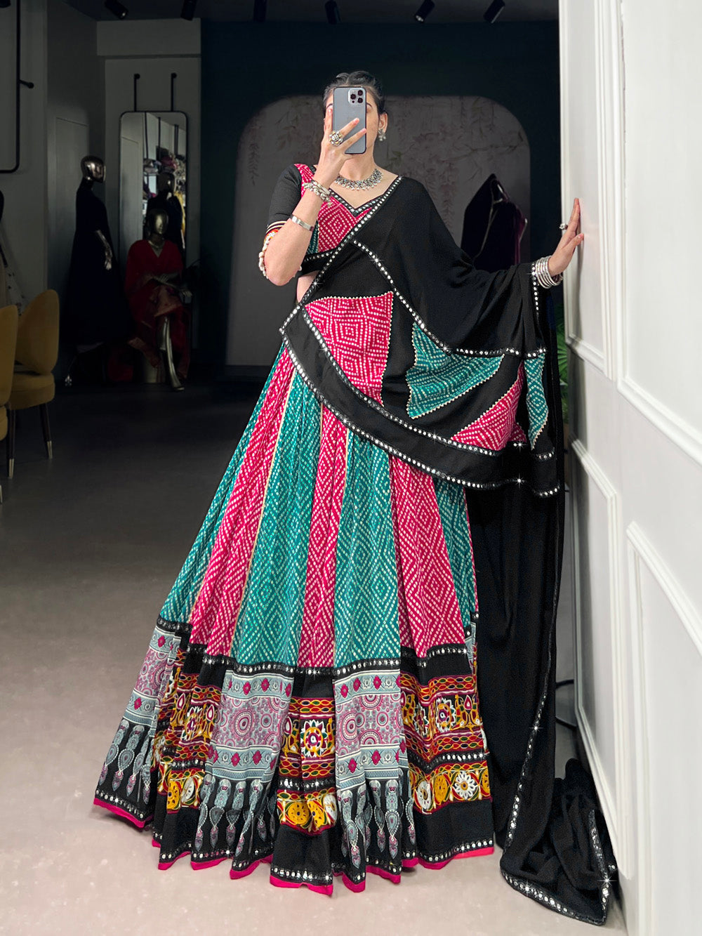 Black pink pure rayon Bandhej Ajrakh Gamthi mirror work lehenga choli