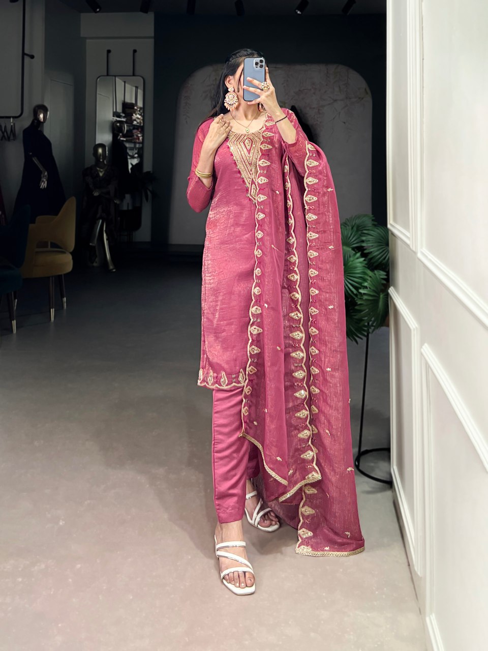 Onion pink silver glory embroidered kurti set with dupatta