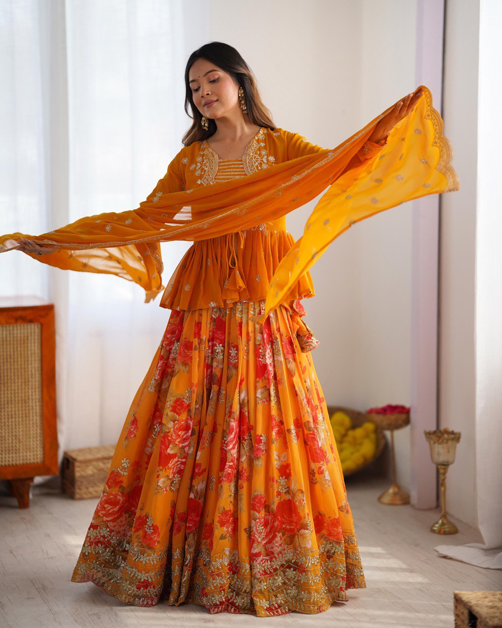 Yellow lehenga choli for Haldi, embroidered georgette lehenga with jacket, digital print lehenga, wedding lehenga set, Trinaari festive wear.