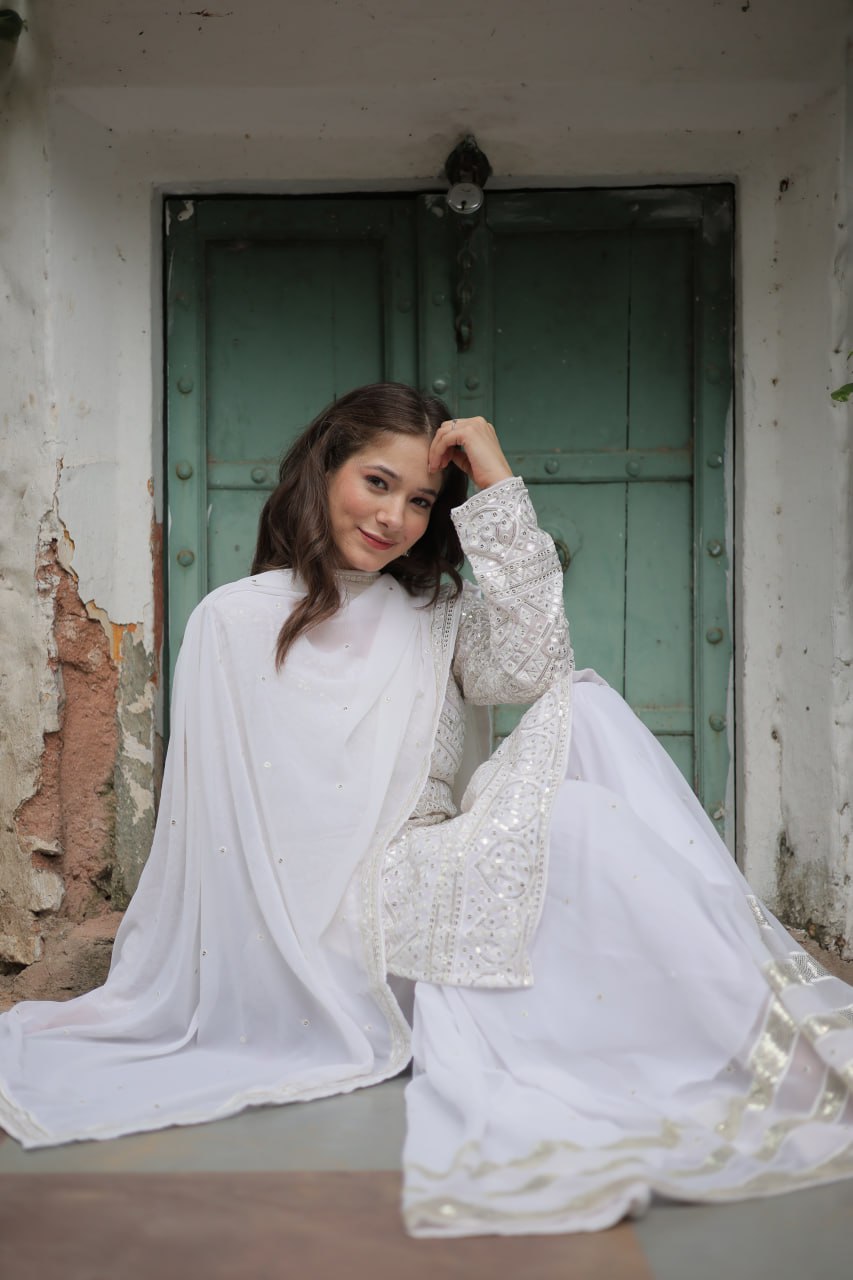 White georgette embroidered Lavya designer sharara suit