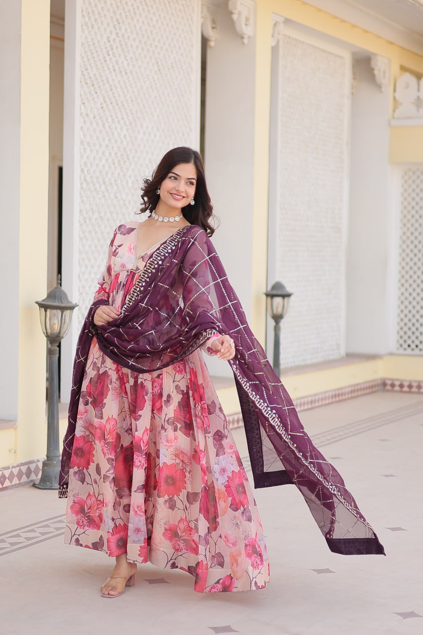 Savitri russian silk printed alia cut pink anarkali suit set