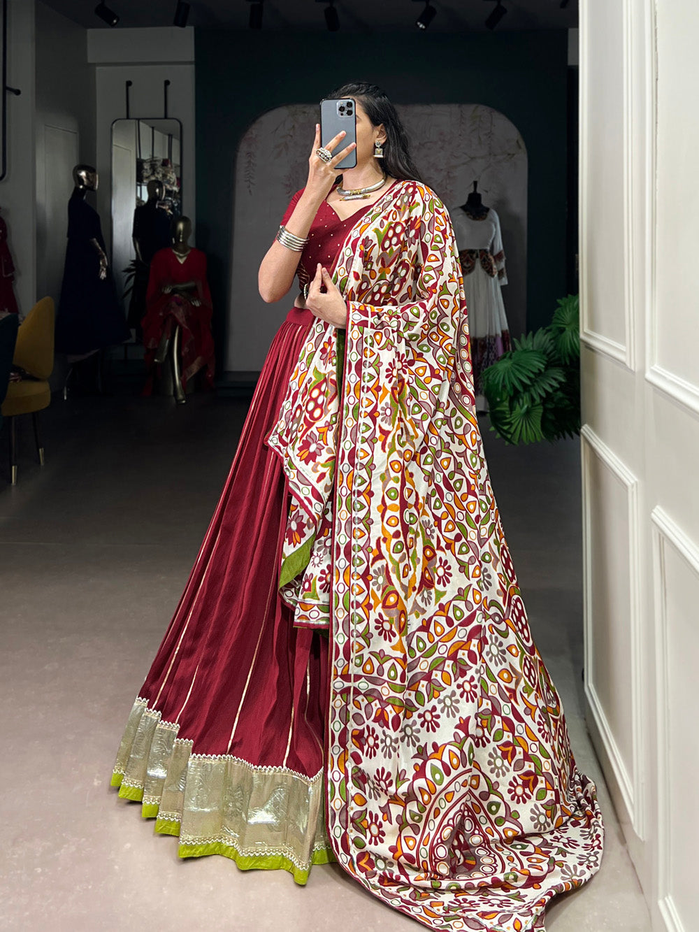 Maroon Chanderi zari weaving and embossed lace lehenga choli