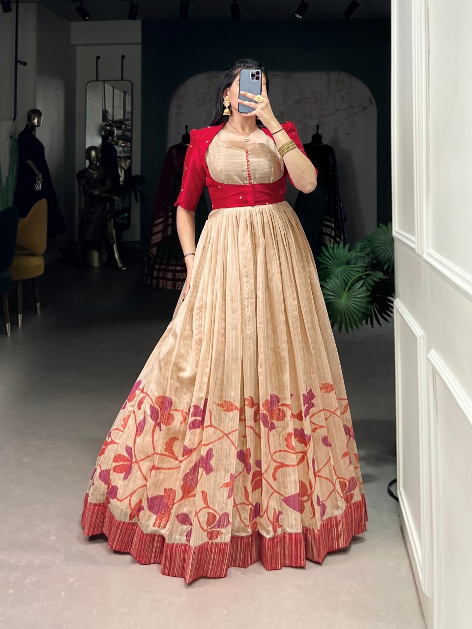 Beige silk printed gown with embroidered koti for wedding functions
