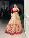 Beige silk printed gown with embroidered koti for wedding functions