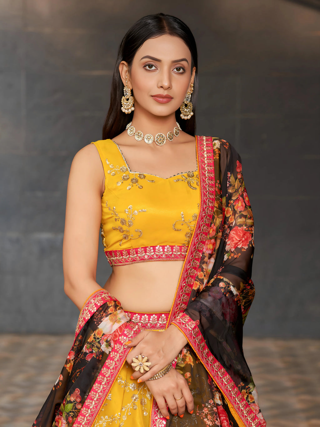 Navya mustard yellow floral embroidered lehenga choli with dupatta