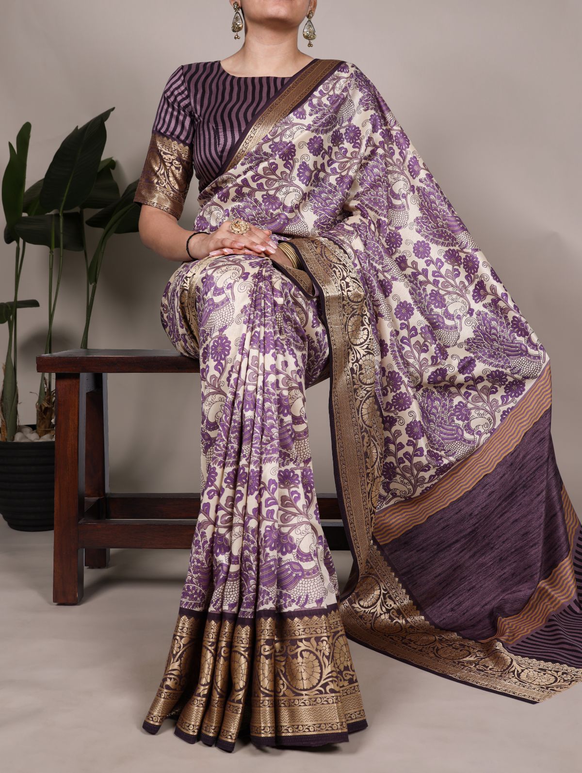 Purple tasar silk printed saree with viscose border and blouse