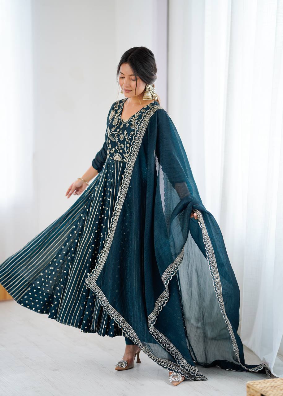 Teal green crunchy silk embroidered Anarkali suit set