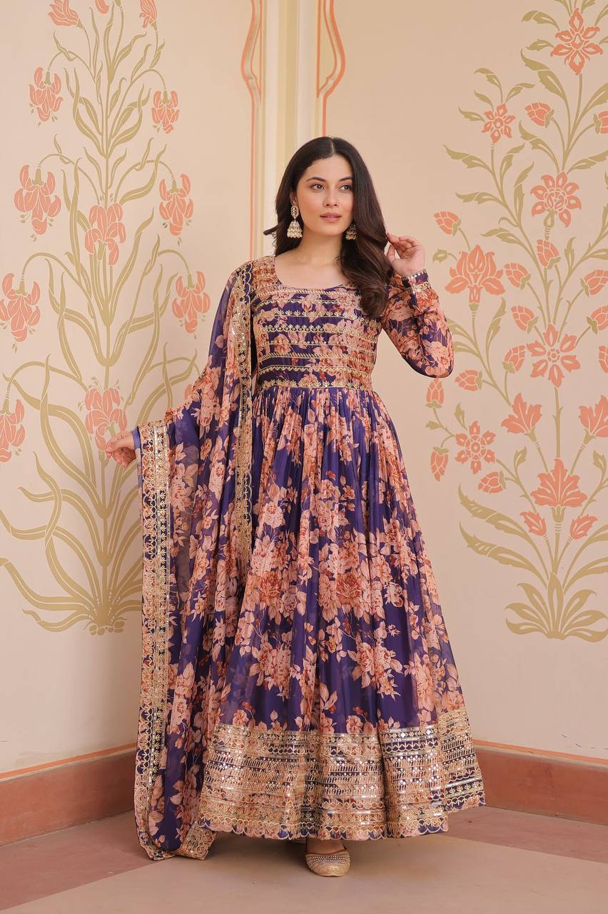 Purple Russian silk printed gown with embroidered sequins work and dupatta