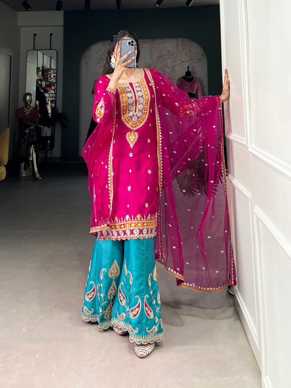 Anuttara pink embroidered silk kurti sharara set