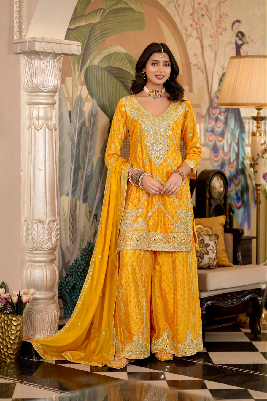 Meera chinon silk embroidered designer kurti sharara set