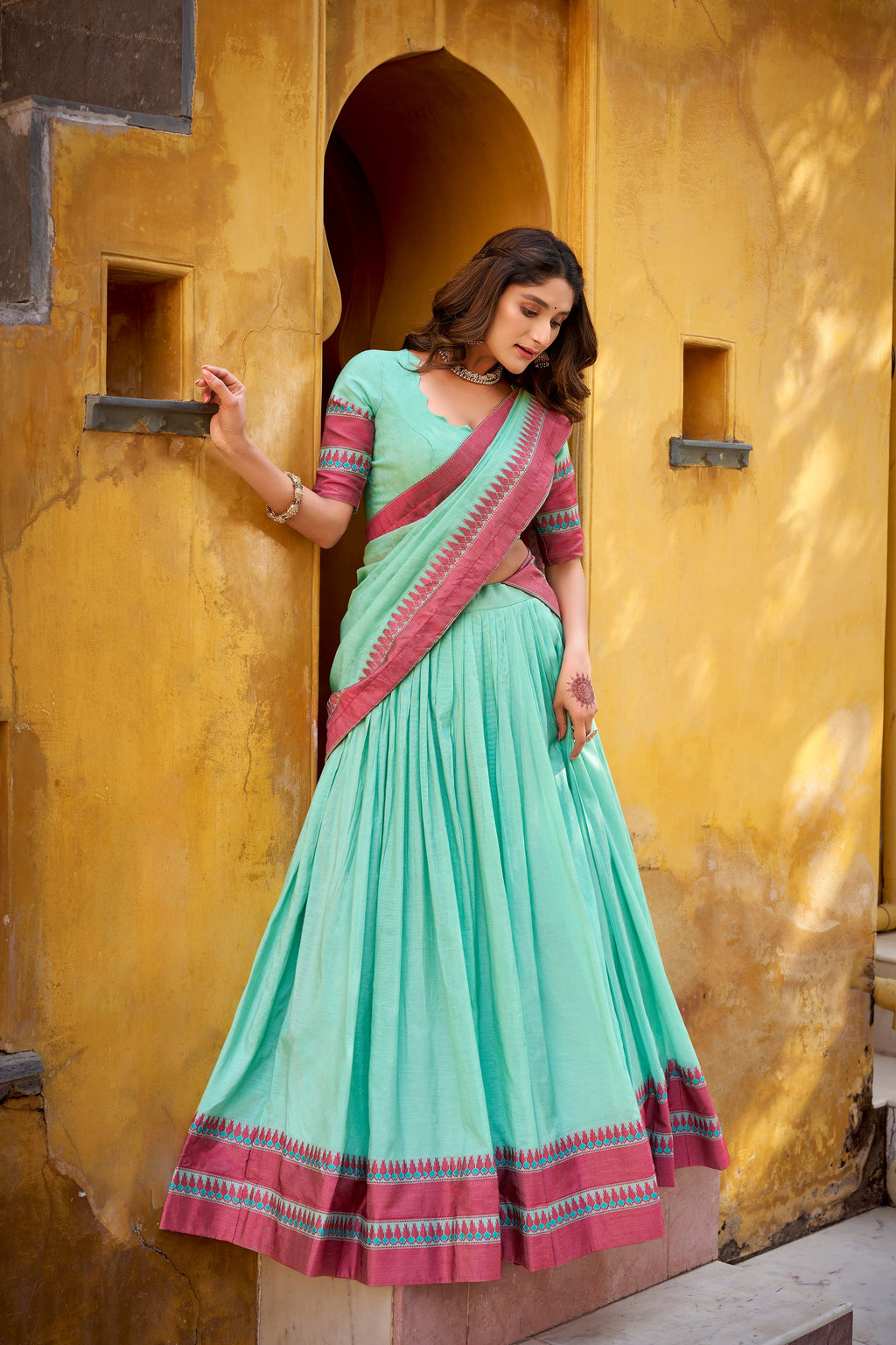 Swastika sky blue pure Chanderi thread work half saree lehenga