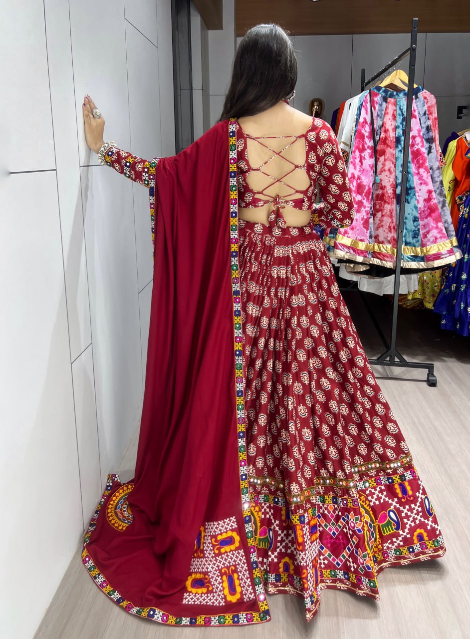 Maroon rayon cotton lehenga choli with Ajrakh print and mirror work