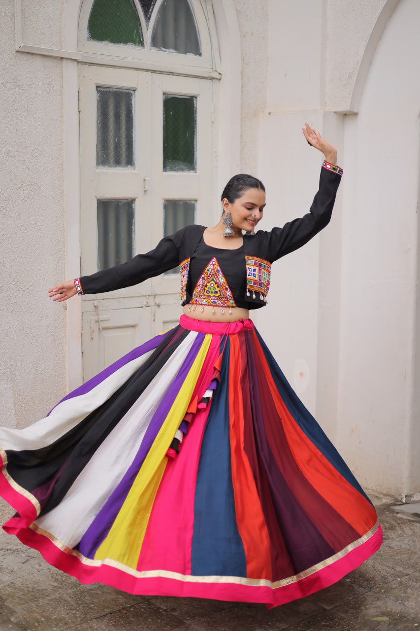 Multicolor pure rayon navratri lehenga choli with koti style blouse