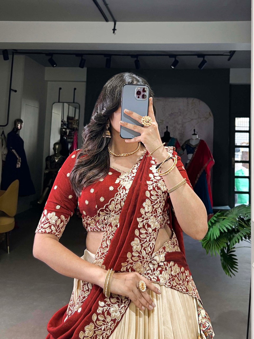 Off-white Tussar silk lehenga with foil print and embroidered dupatta